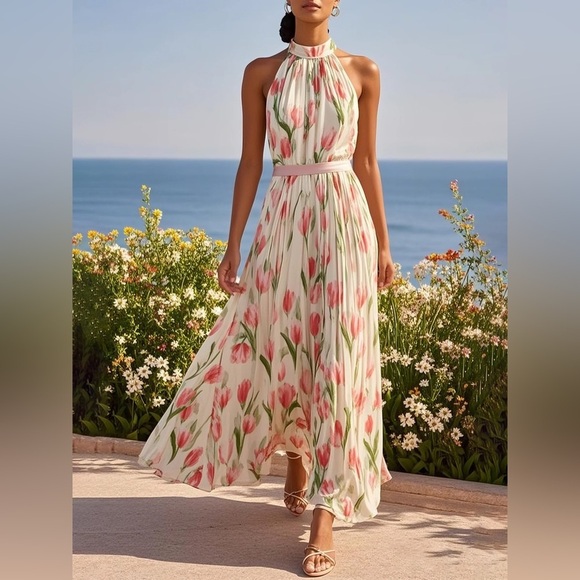 Fehaute Pink Pleated Floral Chiffon Halter Sleeveless A-Line Maxi Dress NWT | 10 - Picture 7 of 10